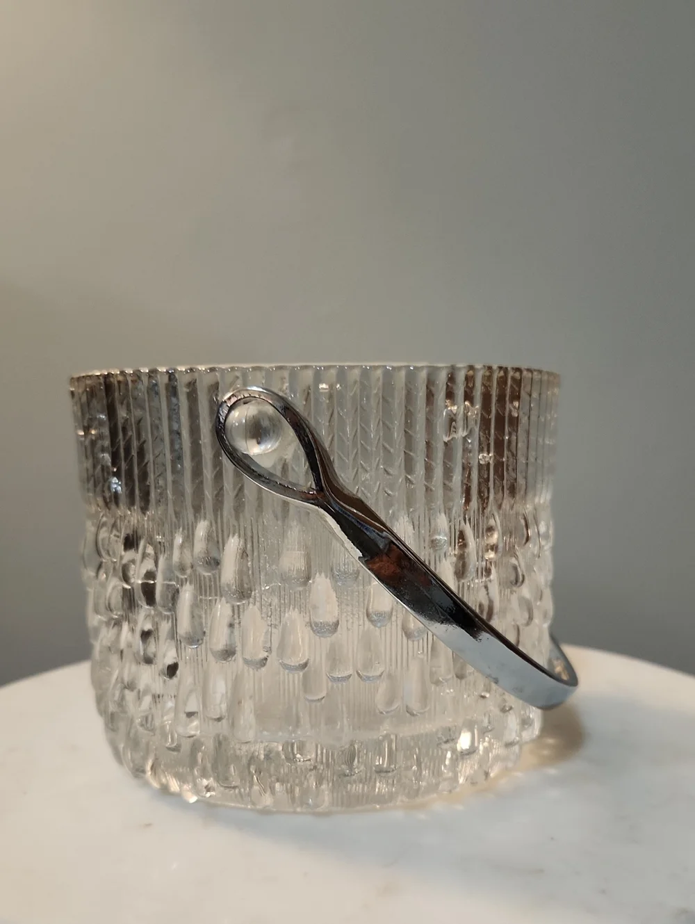 Vintage MCM Clear Textured Glass Ice Bucket Silver Tongs Teleflora